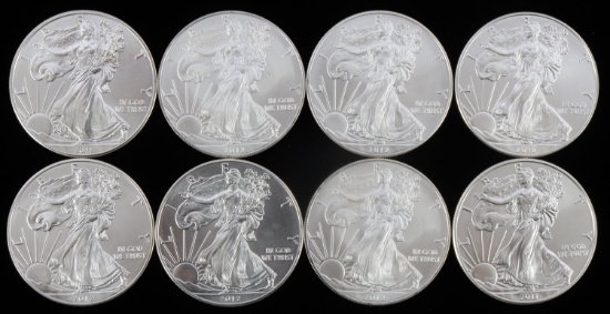 8 MIX DATE 1 OZT OUNCE SILVER AMERICAN BU COIN LOT