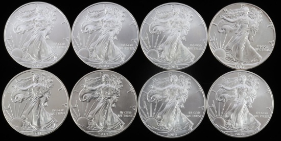 8 MIX DATE 1 OZT SILVER AMERICAN EAGLE BU COIN LOT