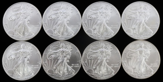 8 MIX DATE 1 OZT SILVER AMERICAN EAGLE BU COIN LOT