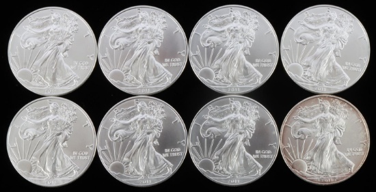 LOT OF 8 2011 1 OZT OUNCE SILVER AMERICAN BU COINS