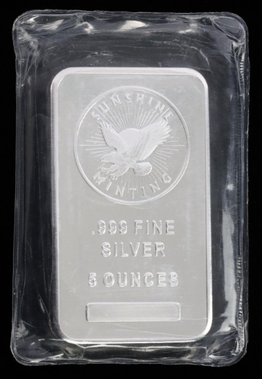 SUNSHINE MINTING 5 OZT OUNCE .999 SILVER BAR INGOT