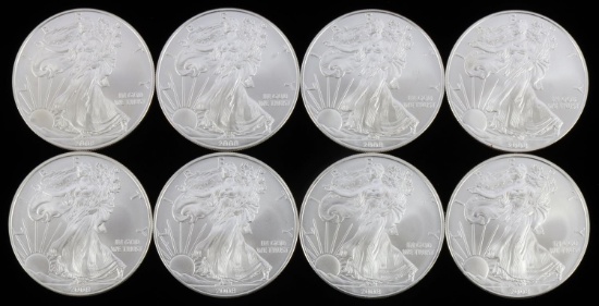 LOT OF 8 2008 1 OZT SILVER AMERICAN EAGLE BU COINS