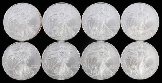 LOT OF 8 2008 1 OZT SILVER AMERICAN EAGLE BU COINS