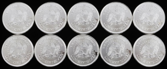 LOT OF 10 ONE OUNCE LIBERTY SILVER BULLION