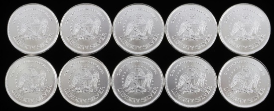 LOT OF 10 ONE OUNCE LIBERTY SILVER BULLION