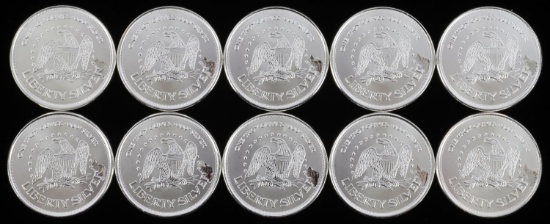 LOT OF 10 ONE OUNCE LIBERTY SILVER BULLION