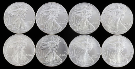 8 MIX DATE 1 OZT SILVER AMERICAN EAGLE BU COIN LOT