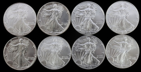 8 MIX DATE SILVER AMERICAN EAGLE 1 OZT BU COIN LOT