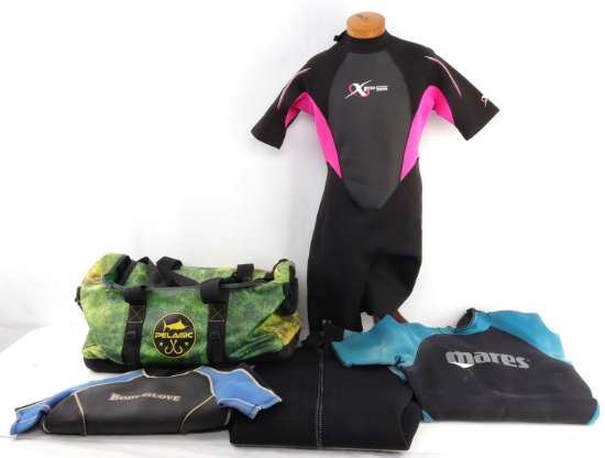 PELAGIC BAG WITH 4 WET SUIT SHORTY LOT