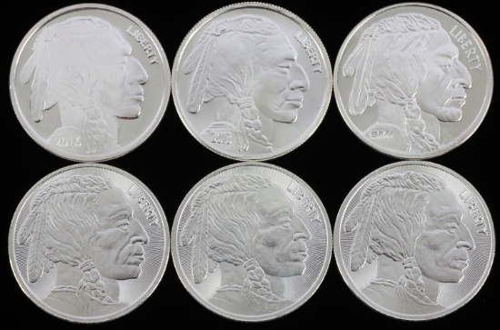 LOT 6 .999 FINE SILVER 1 OZT OUNCE BUFFALO ROUNDS