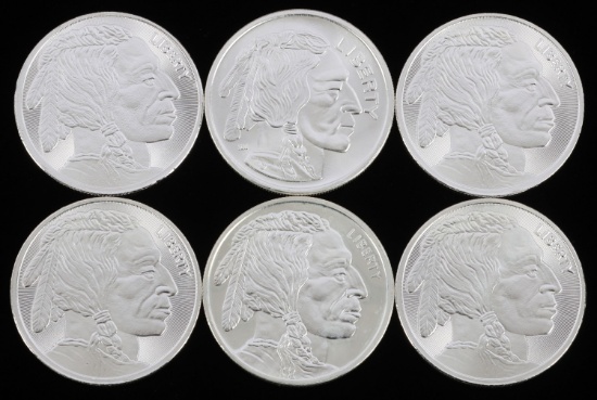 LOT 6 .999 FINE SILVER 1 OZT OUNCE BUFFALO ROUNDS