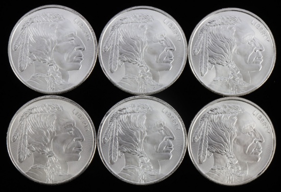 LOT 6 .999 FINE SILVER 1 OZT OUNCE BUFFALO ROUNDS