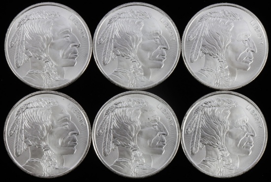 LOT 6 .999 FINE SILVER 1 OZT OUNCE BUFFALO ROUNDS