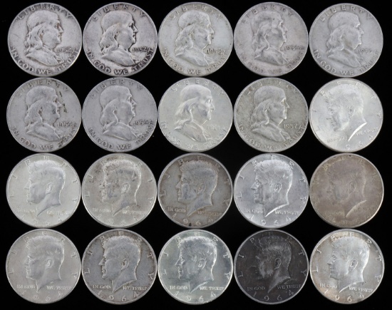 $10 FACE VALUE 90% SILVER HALF DOLLAR COIN LOT