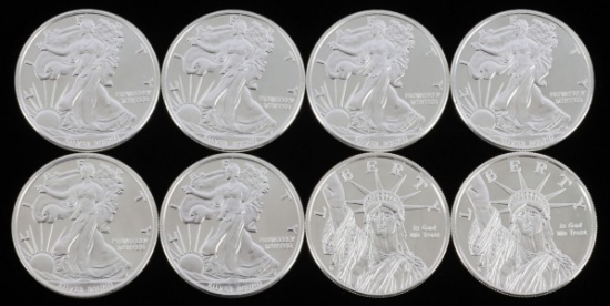 LOT OF 8 ONE OUNCE 999 FINE SILVER BULLION ROUNDS