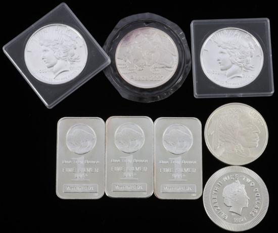 8 .999 FINE SILVER BULLION BAR & ROUND 1 OZT LOT