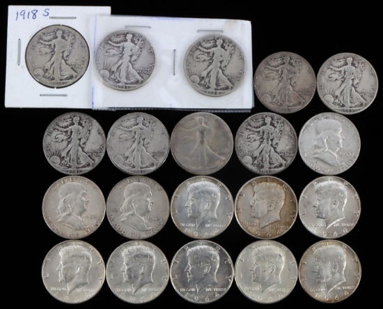 $10 FACE 90% SILVER HALF DOLLARS W 1918 S WALKER