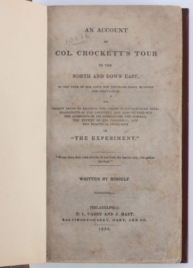 DAVY CROCKETT AUTOBIOGRAPHY FIRST EDITION 1835