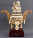 CHINESE ANTIQUE IVORY INCENSE BURNER WITH FOO DOG