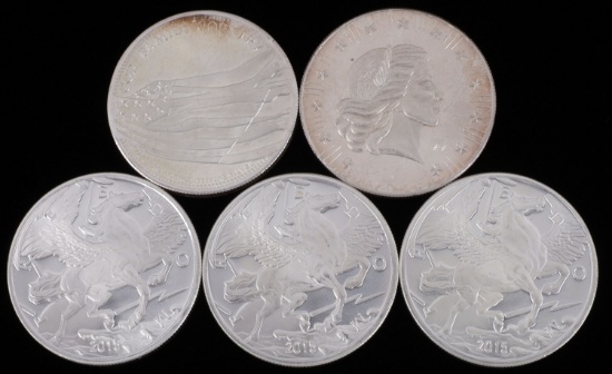 LOT OF 5 1 OZT SILVER ROUNDS MIXED DESIGN