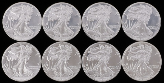 LOT OF 8 SILVER BULLION 1 OZT ROUNDS LIBERTY