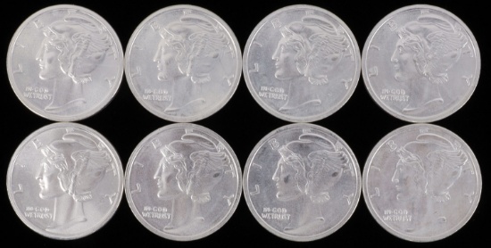 LOT OF 8 SILVER BULLION 1 OZT ROUNDS MERCURY DIME