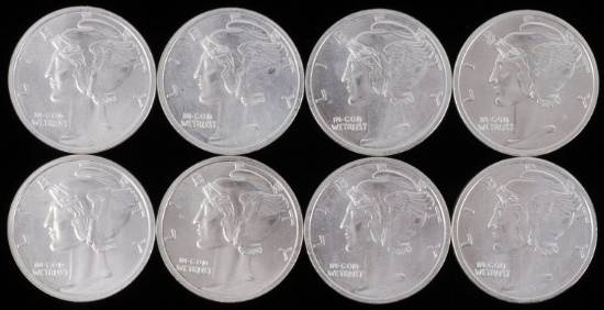 LOT OF 8 SILVER BULLION 1 OZT ROUNDS MERCURY DIME