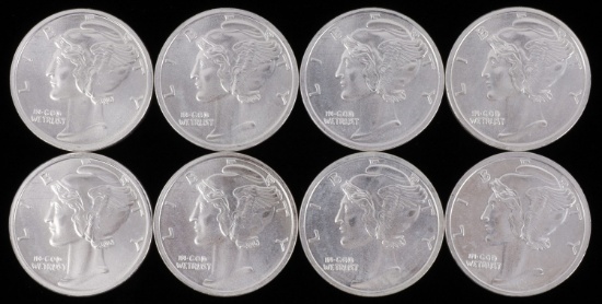LOT OF 8 SILVER BULLION 1 OZT ROUNDS MERCURY DIME