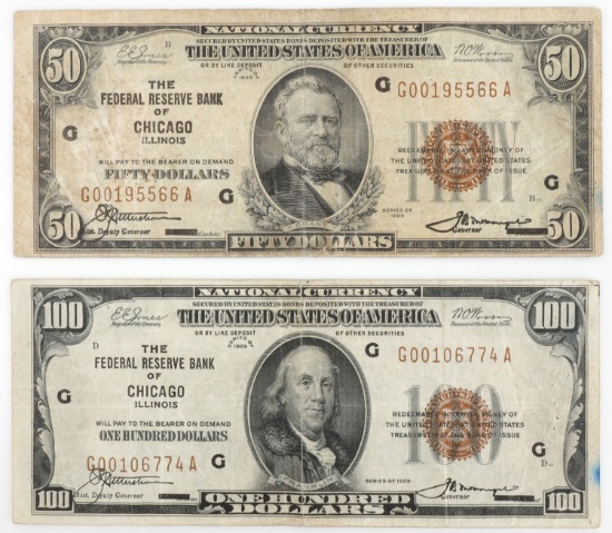 2 NATIONAL CURRENCY CHICAGO 1929 SERIES $50 & $100