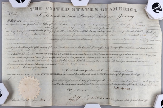 JOHN QUINCY ADAMS SIGNED PRESIDENTIAL LAND GRANT