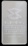 ELEMETAL 10 OZT OUNCE .999 SILVER BAR INGOT