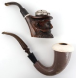 LOT OF 2 ANTIQUE WOOD AND CERAMIC SMOKING PIPES
