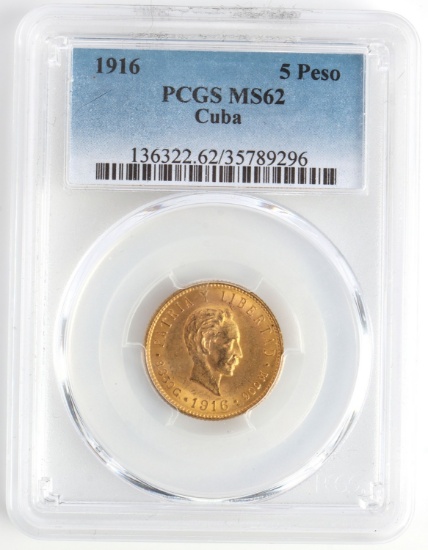 1916 5 PESO CUBA GOLD COIN PCGS MS62
