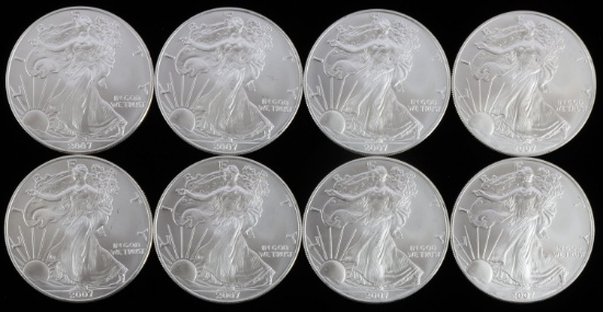 LOT 8 2007 1 OZT OUNCE SILVER AMERICAN EAGLE COINS