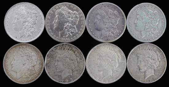 LOT 8 MIX DATE SILVER PEACE & MORGAN DOLLAR COINS