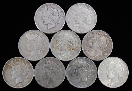 LOT OF 9 MIXED DATE SILVER PEACE DOLLAR COINS
