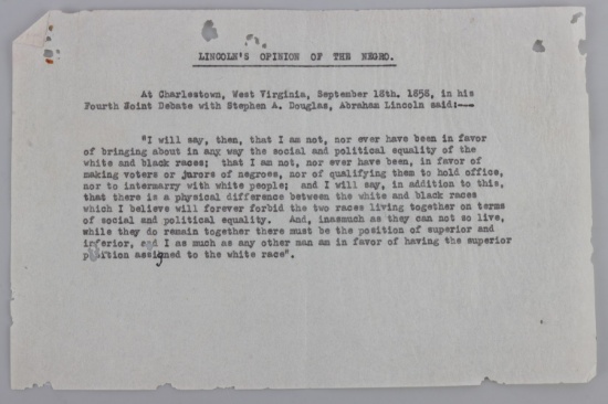 1858 DOUGLAS DEBATE LINCOLN'S OPINION OF THE NEGRO