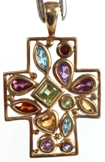10K YELLOW GOLD MULTI GEMSTONE CROSS PENDANT