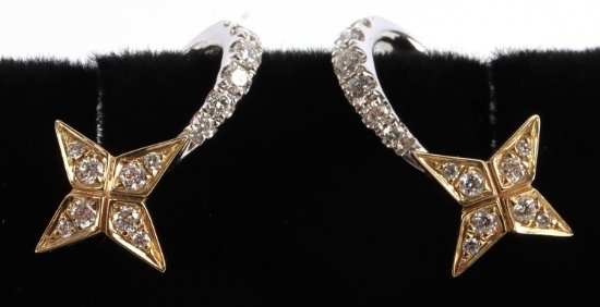 14K TWO-TONE GOLD DIAMOND STAR J HOOP EARRINGS