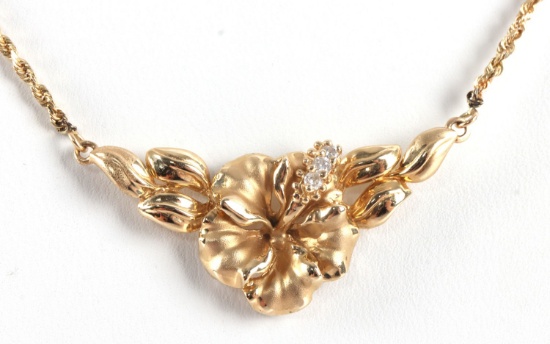 14K YELLOW GOLD 16 1/2 INCHES FLORAL NECKLACE