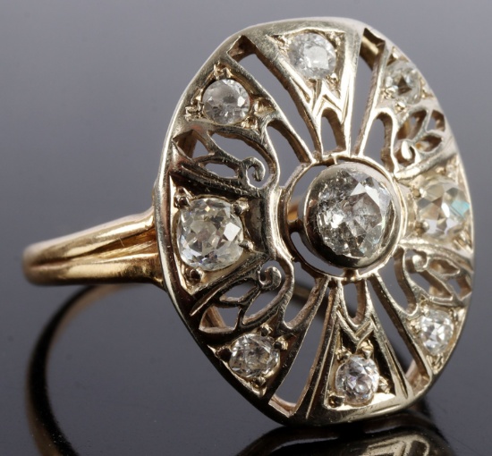 14K TWO TONE GOLD ANTIQUE DIAMOND SHIELD RING 8.5