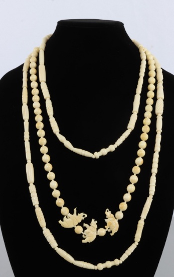 LOT OF 2 LONG ANTIQUE IVORY NECKLACE W ELEPHANTS