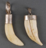 LOT OF 2 BEAR TOOTH SILVER MOUNT PENDANTS