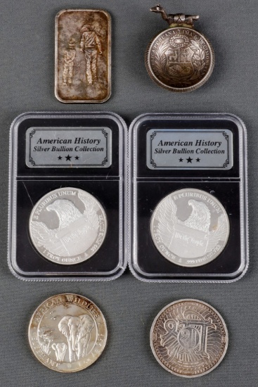 1 PERU COIN ART 1 INGOT & 4 1 OZT SILVER ROUNDS