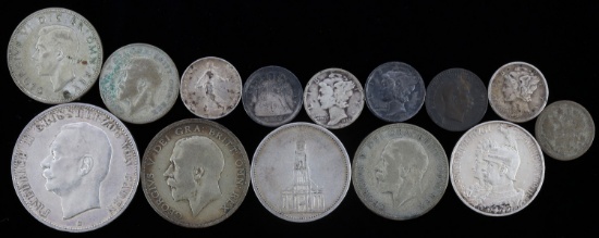 LOT OF 14 EUROPEAN & AMERICAN SILVER COINS