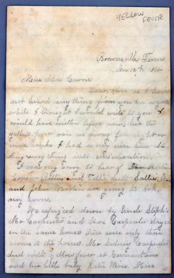 1882 LETTER BROWNSVILLE TENN YELLOW FEVER OUTBREAK