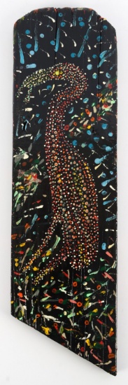 FOLK ART DEPICTION OF A FLAMINGO ON A FENCE POST