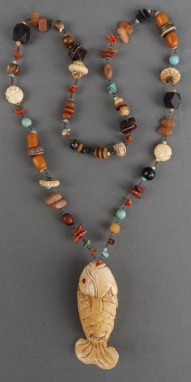 LARGE FISH PENDANT & NECKLACE ANTIQUE IVORY