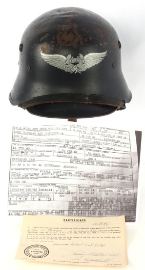 WWII GERMAN LUFTSCHUTZ HELMET W BRING BACK PAPERS