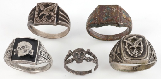 LOT OF 5 WWII GERMAN RINGS SS TOTENKOPF LUFTWAFFE